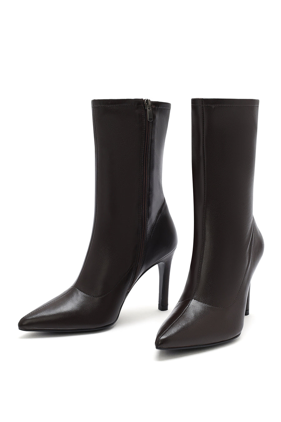 Women's Brown Zippered Thin Heel Leather Boots
