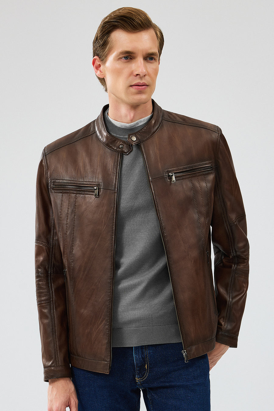 Gabriel Men's Brown Regular Leather Sport Jacket 24WGE6537NC | Derimod