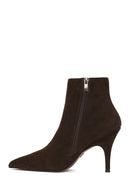Woman Brown Zip Closure High Thin Heeled Suede Boots | Derimod