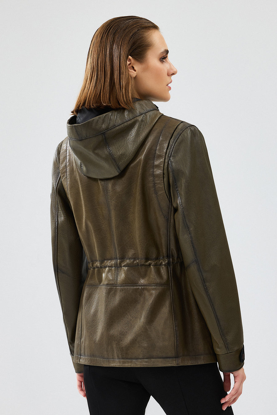 Jessica Kadın Haki Kapüşonlu Deri Ceket