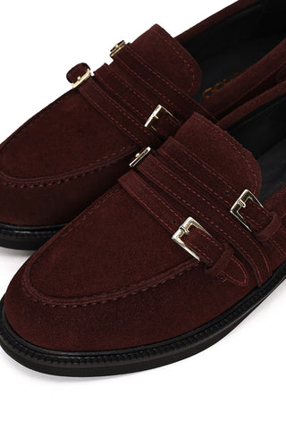 Kadın Bordo Tokalı Süet Deri Maskülen Loafer