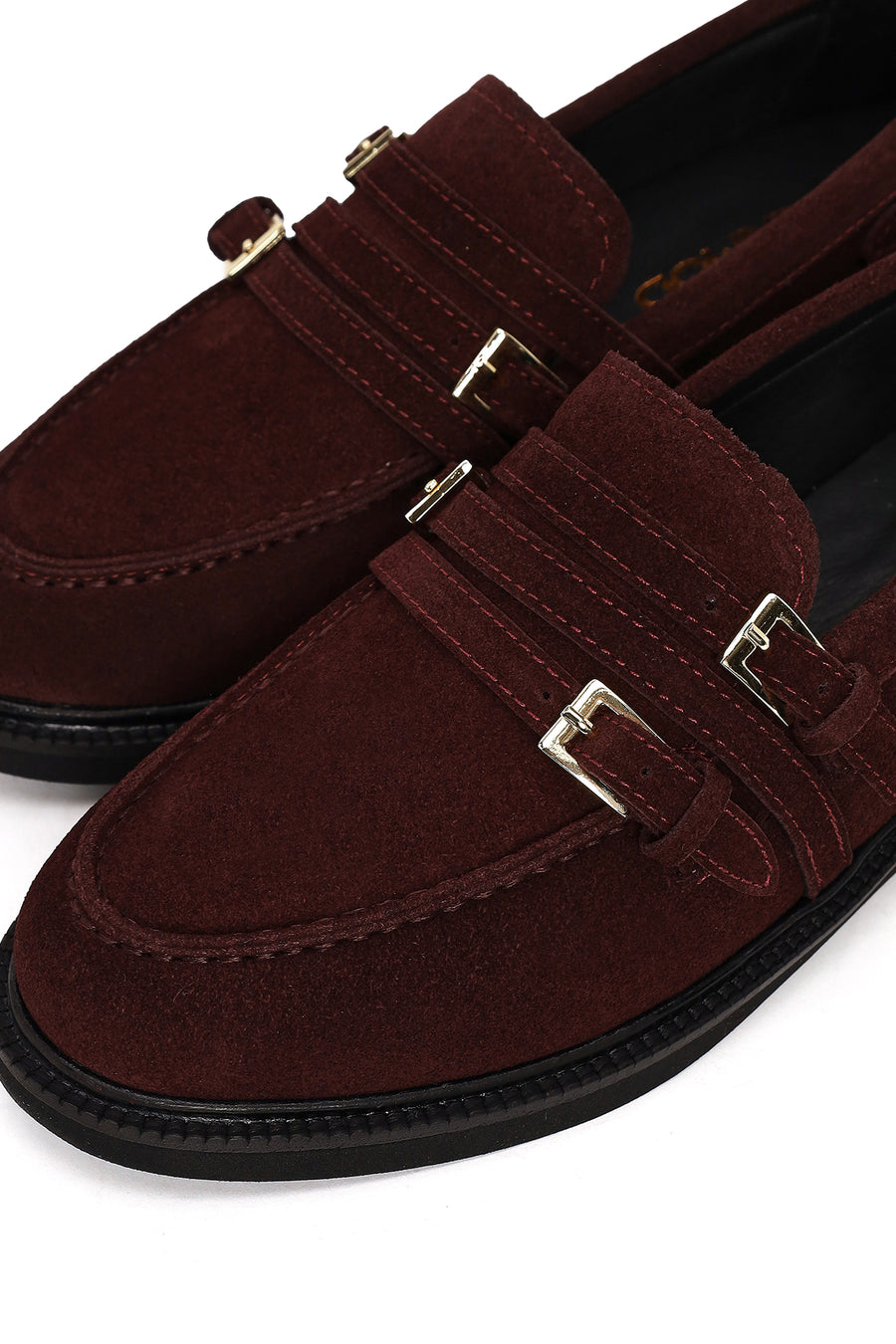 Kadın Bordo Tokalı Süet Deri Maskülen Loafer