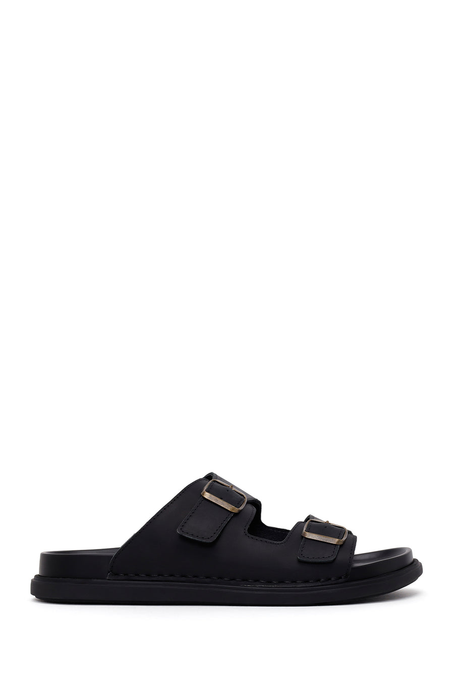 Male Black Double-Buckle Nubuck Leather Slipper 26SFD6253V3 | Derimod