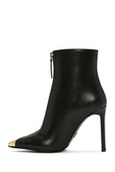 Women's Black Zippered Thin Heeled Leather Boots | Derimod