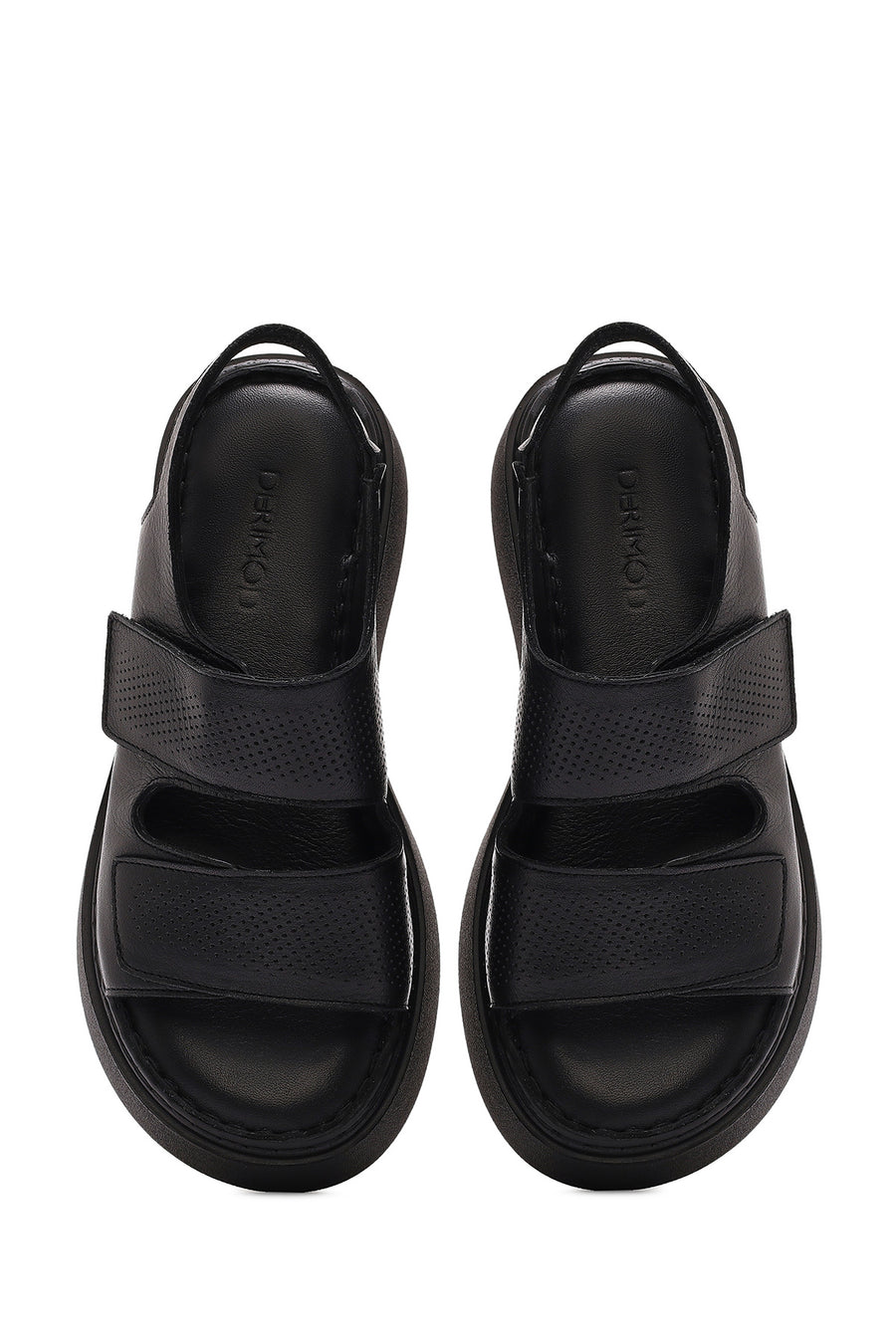Women's Black Strappy Thick Soled Leather Comfort Sandals