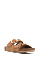 Women's Tan Suede Leather Slippers | Derimod