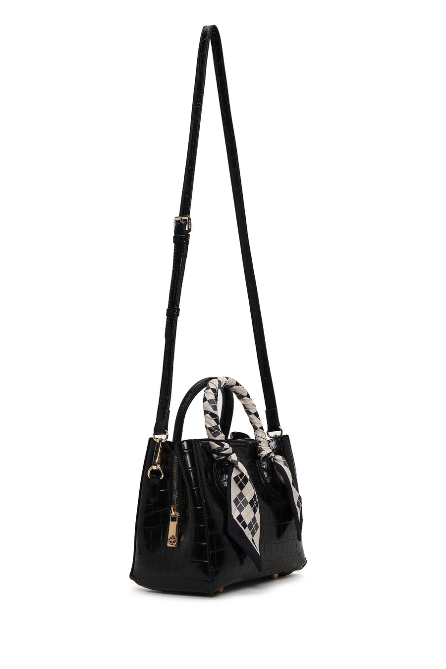 Woman Black Long-Strap Croc-Pattern Mini Shoulder Bag