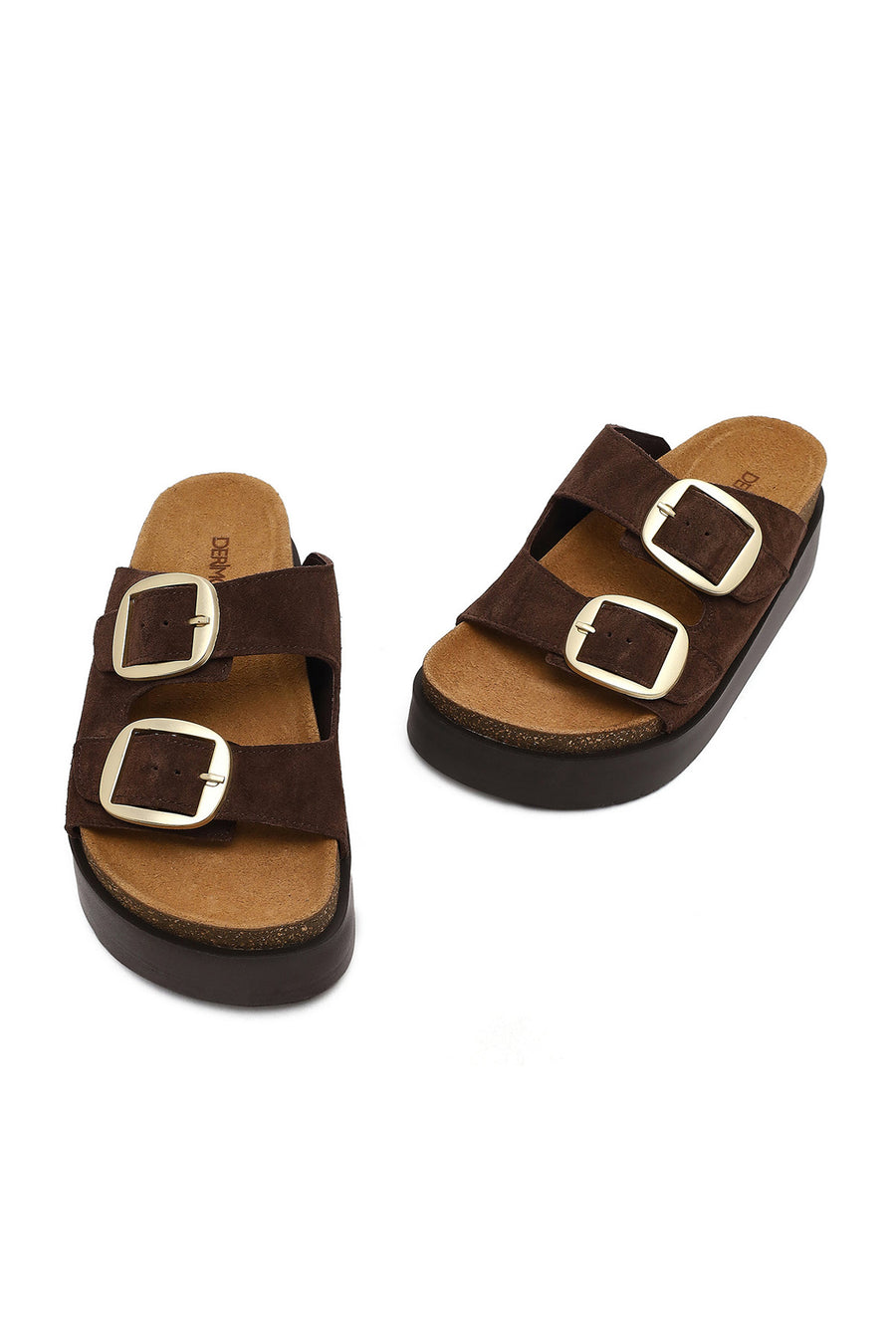Women's Brown Double Buckle Thick Sole Suede Leather Slippers