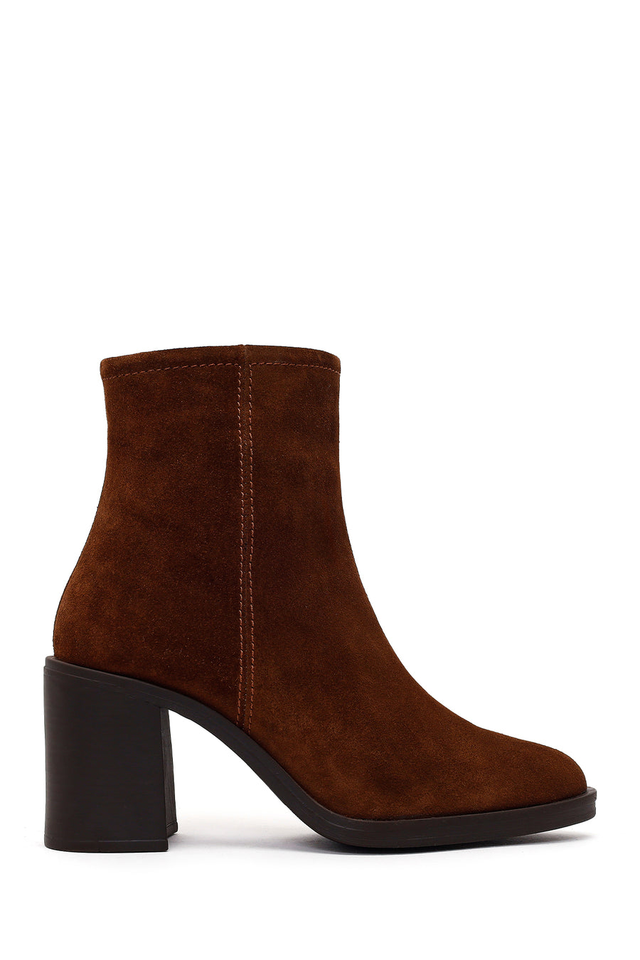 Woman Walnut Zip Closure Chunky Heeled Suede Boots WF210013DS | Derimod