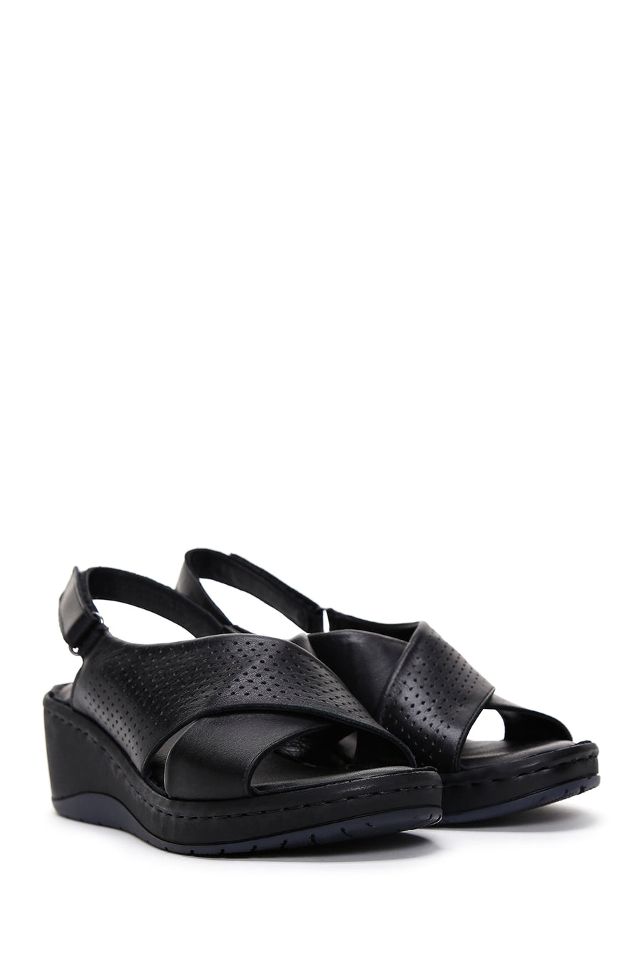 Women's Black Wedge Heeled Leather Comfort Sandals with Ankle Strap