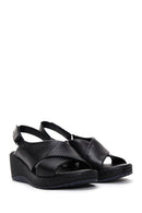 Women's Black Wedge Heeled Leather Comfort Sandals with Ankle Strap | Derimod