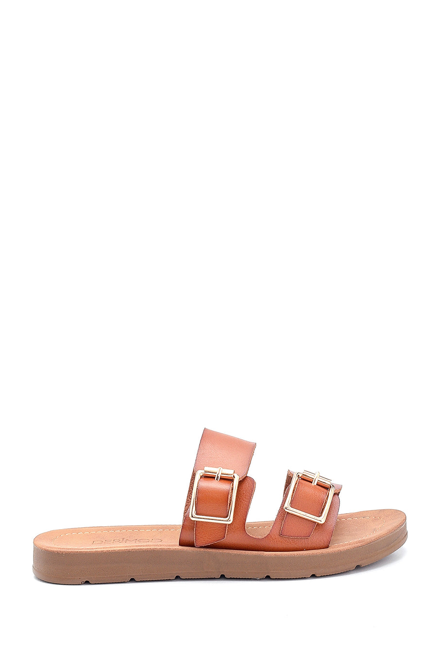 Women's Tan Double Buckle Open Back Flat Slippers 21SFE463218 | Derimod
