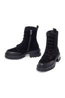 Woman Black Zip Closure Chunky-Heeled Suede Combat Boots | Derimod