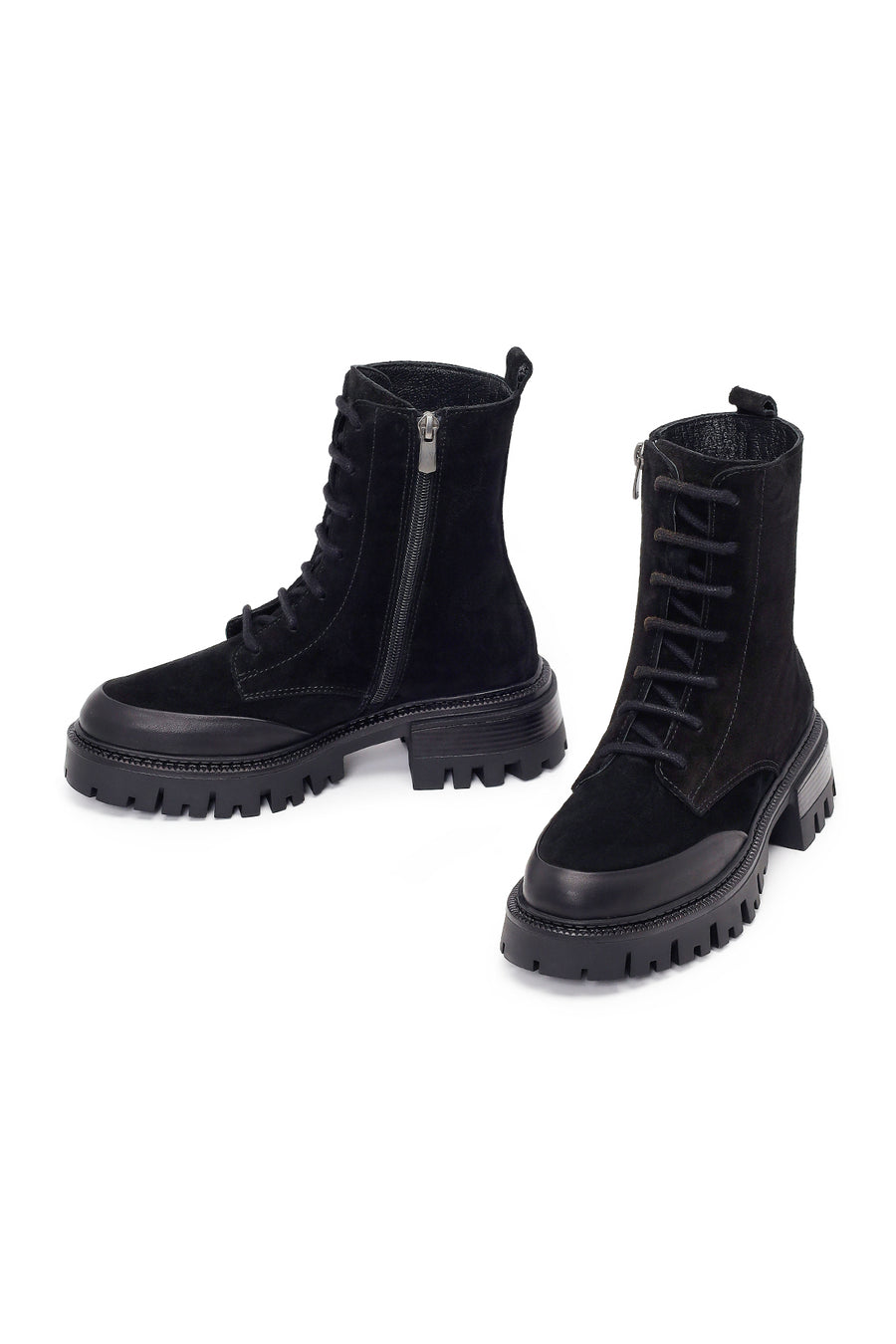 Woman Black Zip Closure Chunky-Heeled Suede Combat Boots