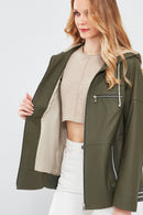 Halley Women's Khaki Hooded Oversize Leather Coat | Derimod