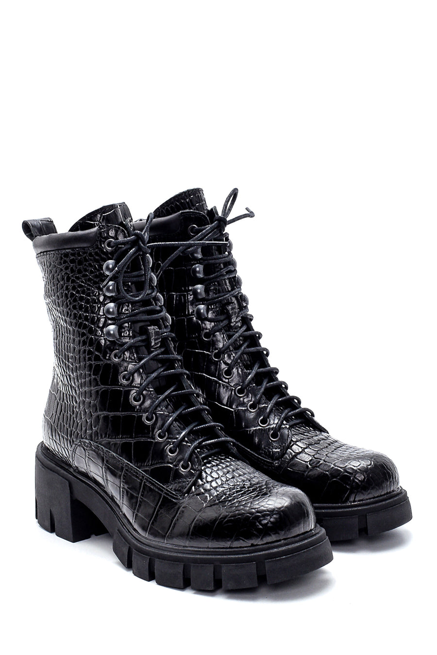 Women's Leather Crocodile Pattern Medium Heeled Boots