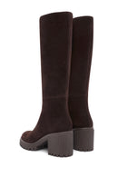 Women's Brown Zippered Chunky Heel Suede Leather Boots | Derimod