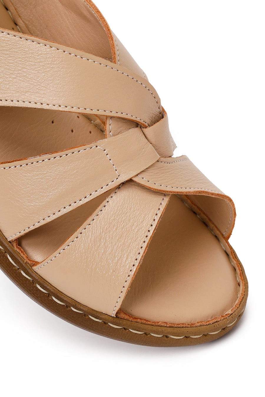 Woman Beige Wedge-Heeled Leather Comfort Sandal