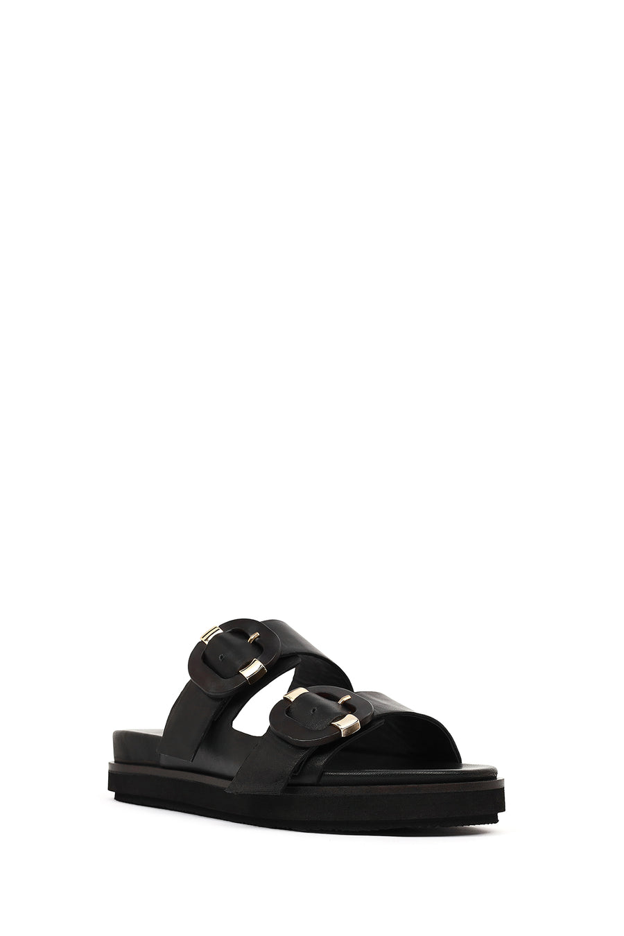 Women's Black Double Buckled Leather Slippers
