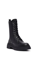 Woman Black Zip Closure Leather Combat Boots | Derimod