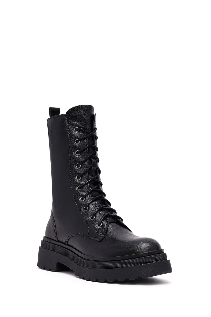 Woman Black Zip Closure Leather Combat Boots
