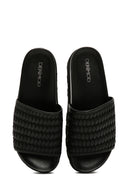 Women's Black Knit Leather Slippers | Derimod