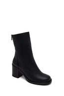 Woman Black Zip Closure Thick-Heeled Leather Boots | Derimod