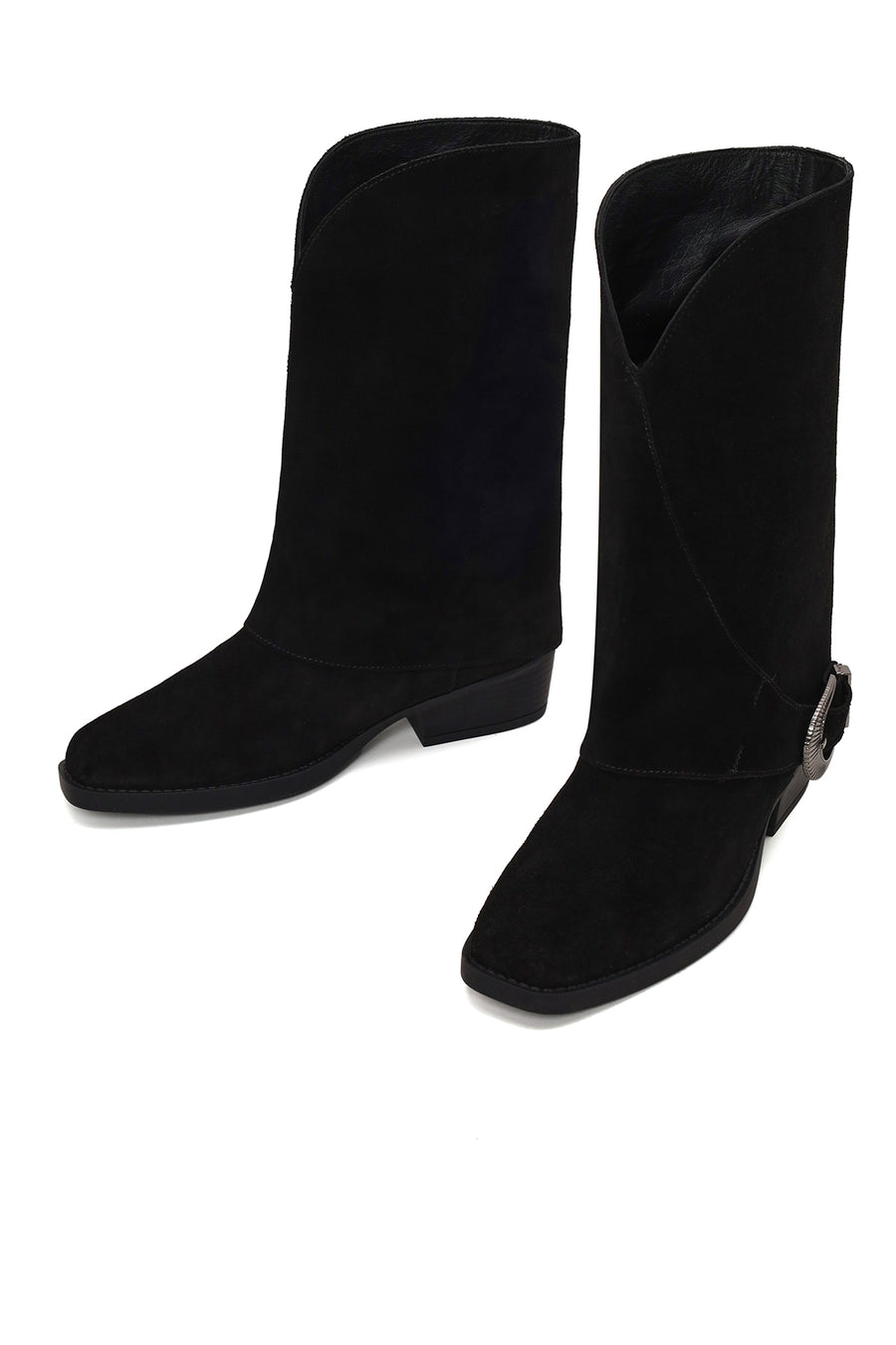 Woman Black Buckled Short Thick-Heeled Suede Boot