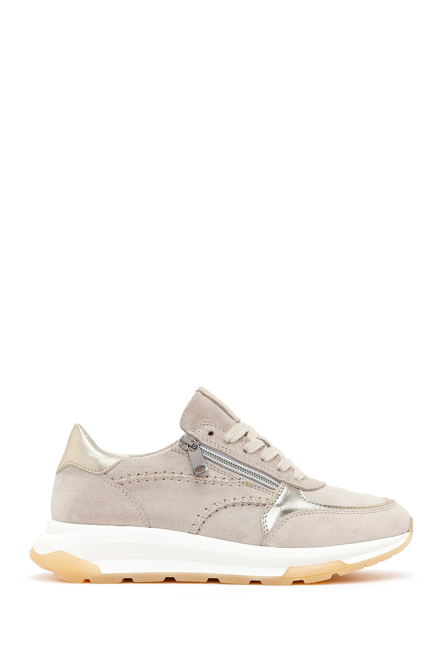 Kadın Bej Bağcıklı Kalın Tabanlı Süet Deri Sneaker 26SFD371810 | Derimod