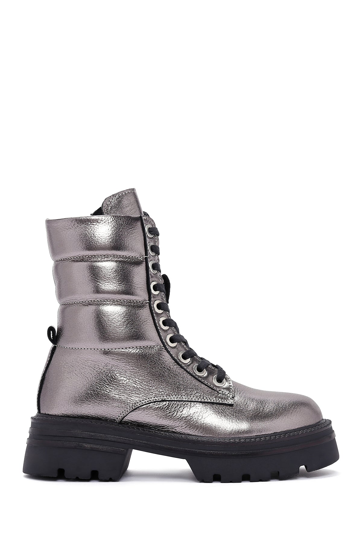 Women's Grey Zippered Metallic Leather Combat Boots 23WFD200732 | Derimod