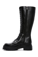 Women's Black Zippered Laced Flat Leather Boots | Derimod