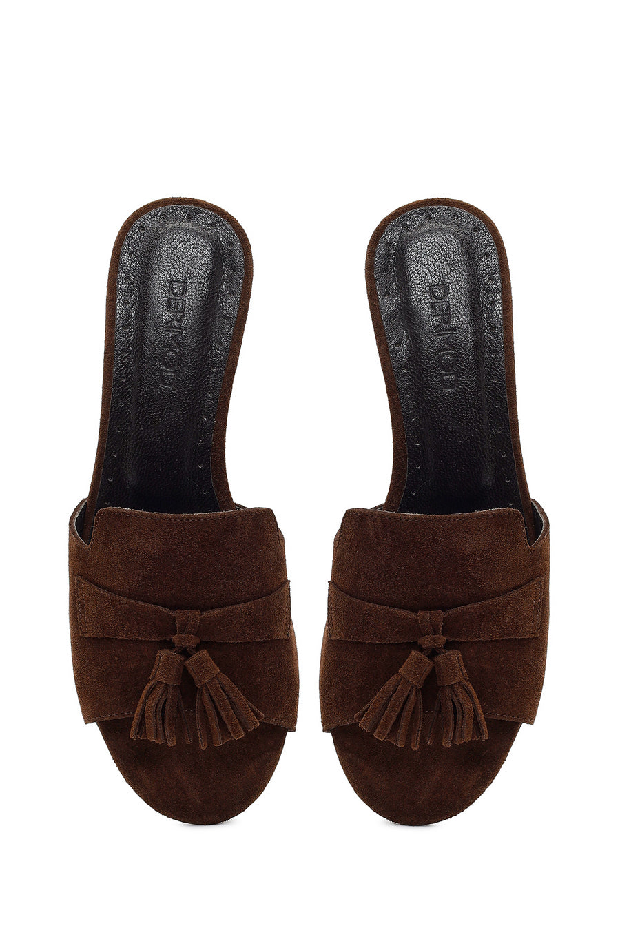 Women's Brown Tassel Short Chunky Heel Suede Leather Slippers