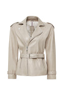 Zendaya Women's Beige Belt Detailed Biker Leather Jacket | Derimod