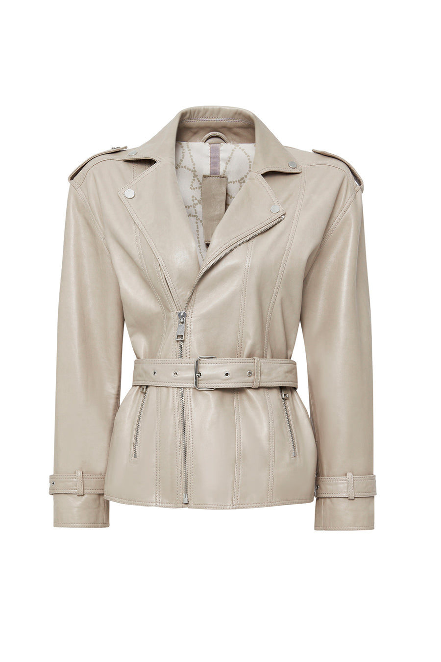 Zendaya Women's Beige Belt Detailed Biker Leather Jacket