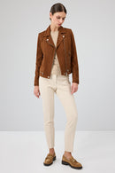 Layla Women's Brown Biker Suede Leather Jacket | Derimod