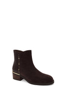 Woman Brown Zip Closure Crocodile Pattern Chunky Heeled Suede Boots | Derimod