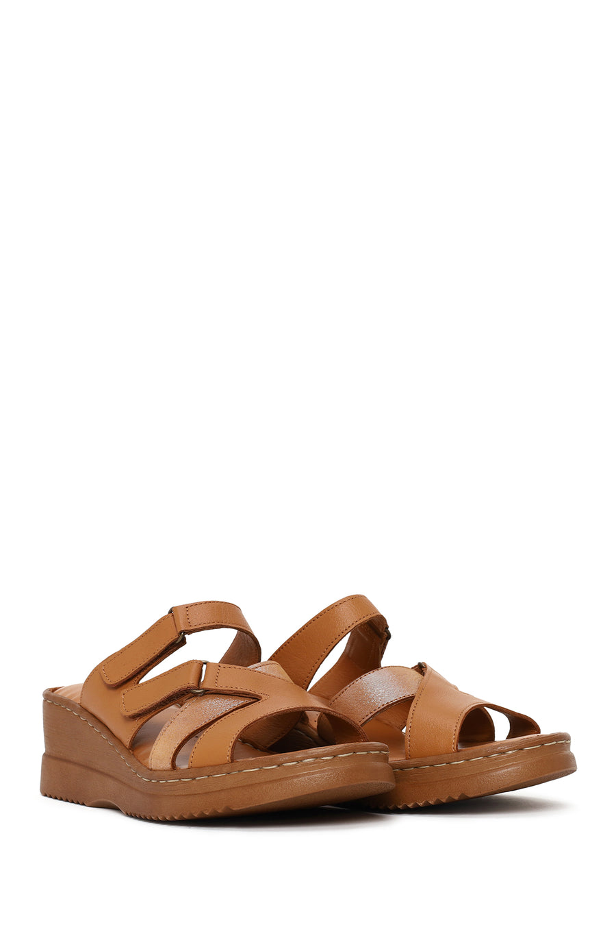 Woman Tan Wedge Heel Leather Comfort Slipper