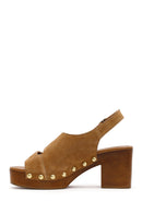 Women's Tan Suede Leather Sandals with Buckle Back and Platform Heel | Derimod