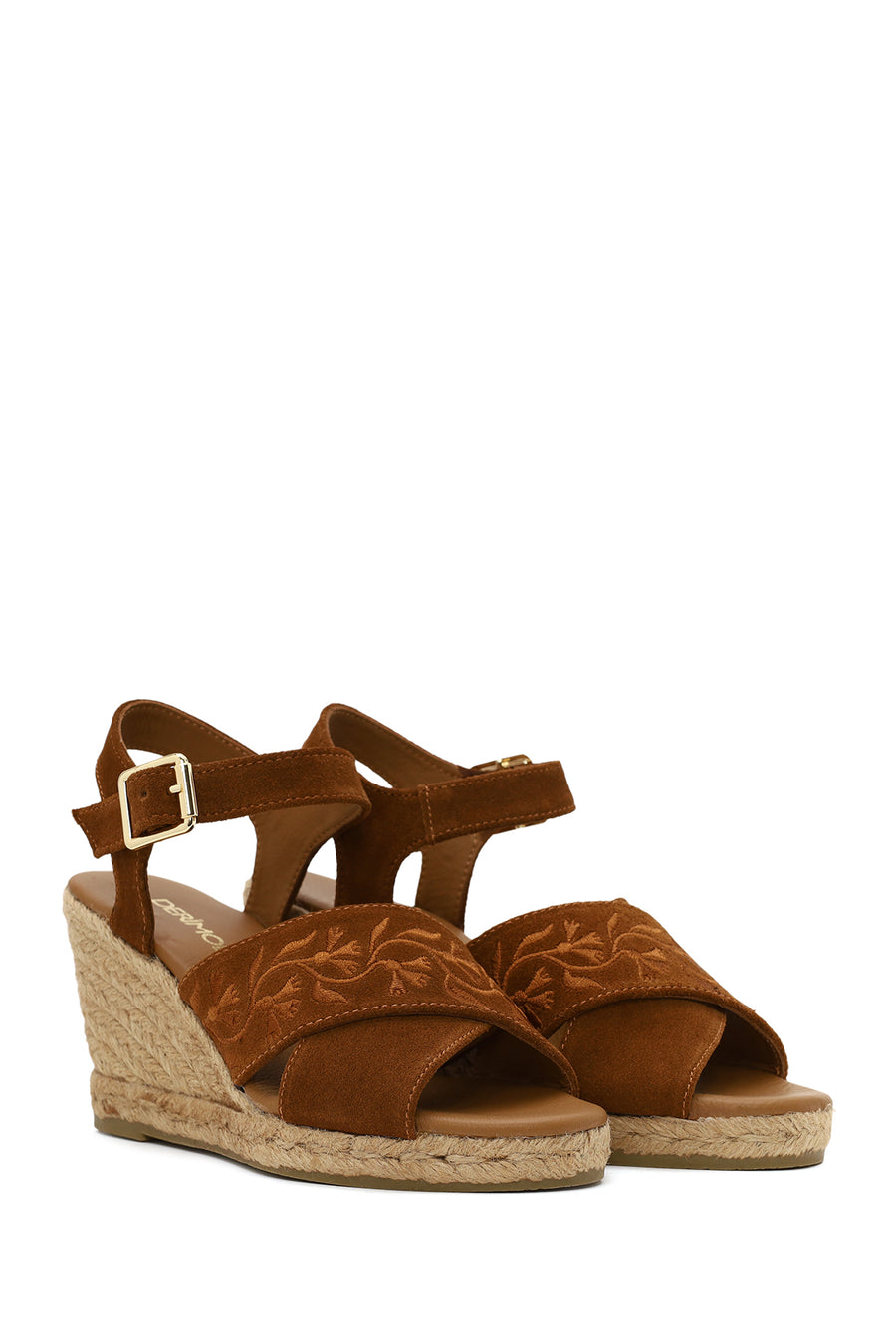 Woman Tan Ankle Buckled Wedge Heel Suede Espadrilles Sandal