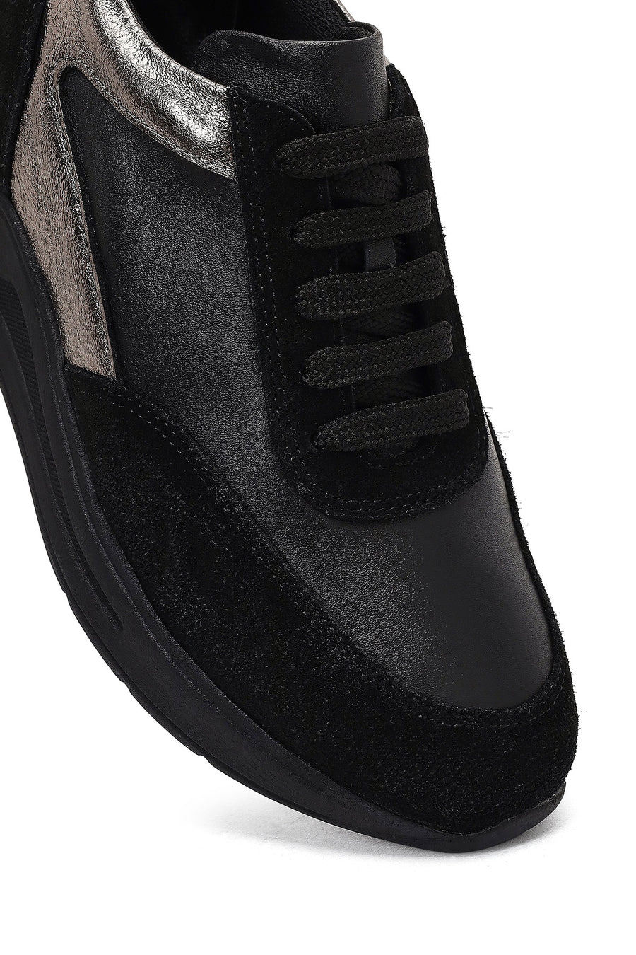 Kadın Siyah Bağcıklı Dolgu Topuklu Deri Sneaker
