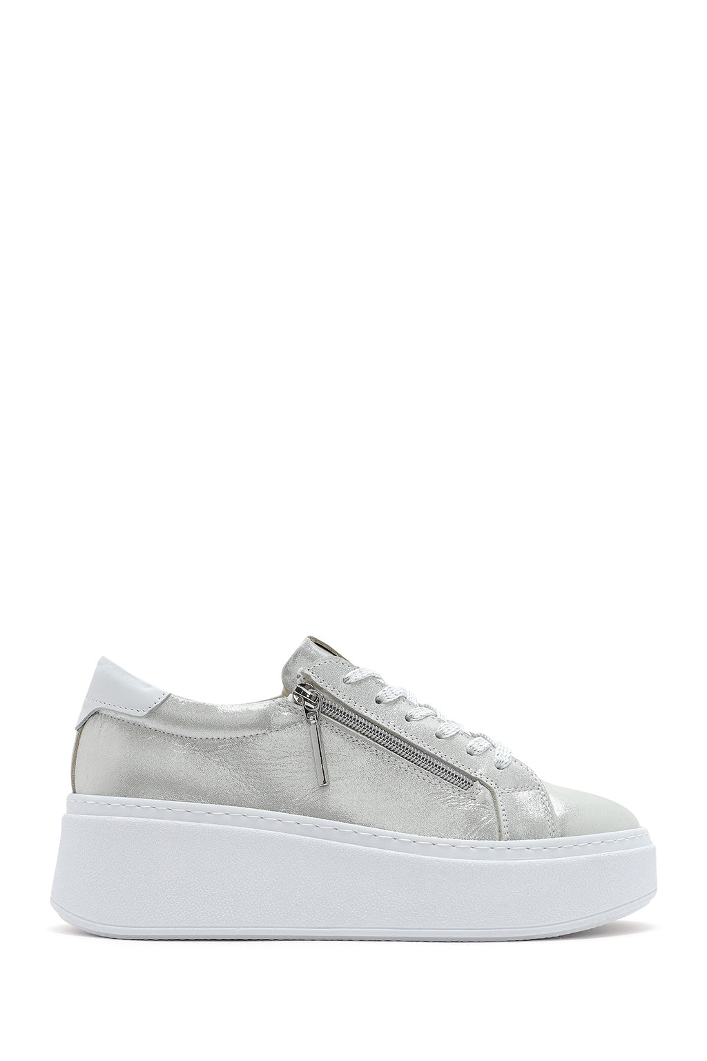 Kadın Gümüş Kalın Tabanlı Yandan Fermuarlı Deri Sneaker