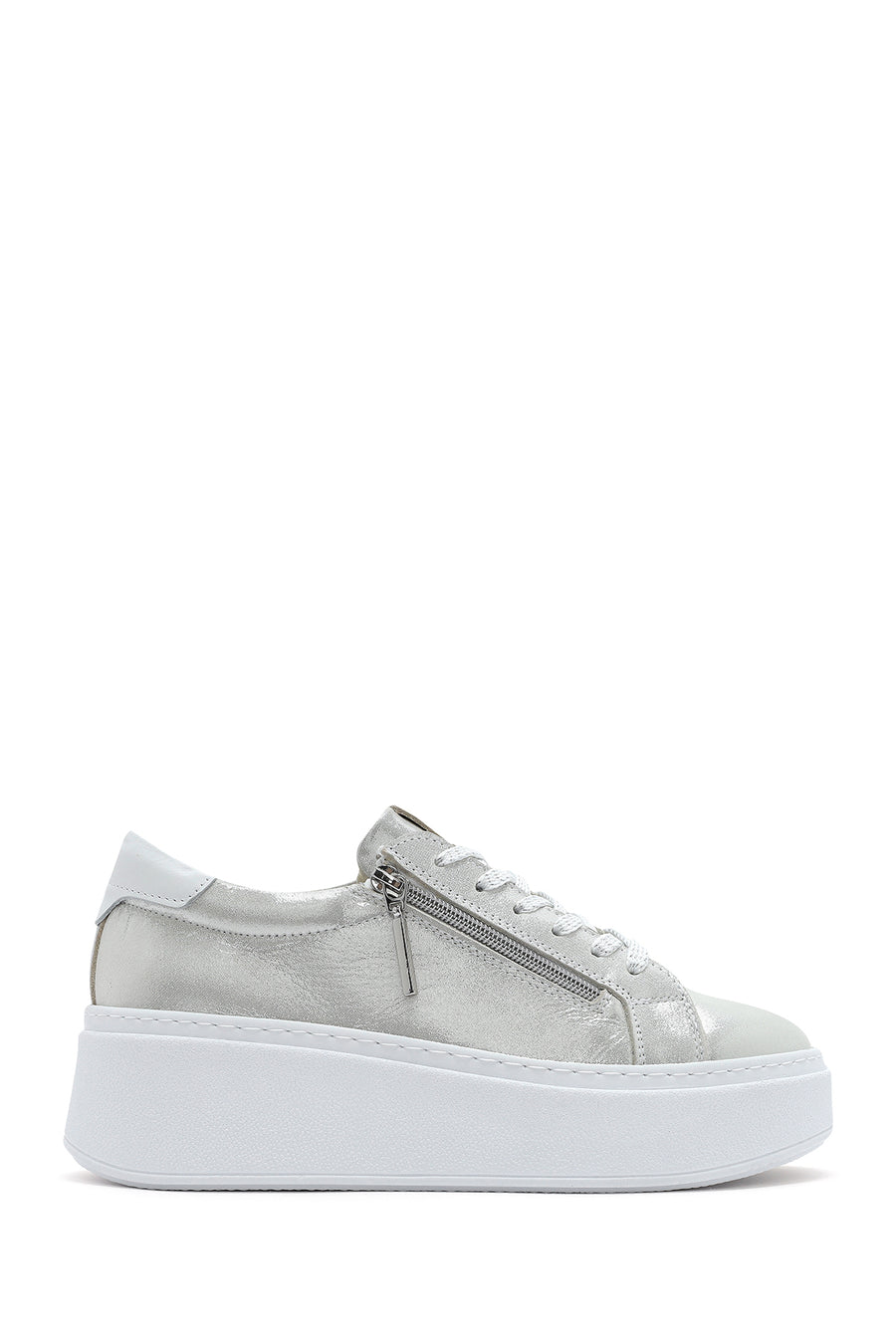 Women's Silver Thick Sole Side Zipper Leather Sneaker 25SFD3702SM | Derimod