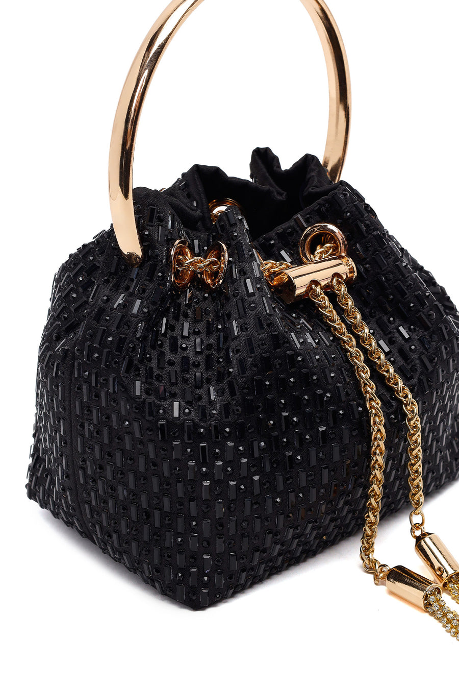 Woman Black Long Chain Strap Embellished Mini Evening Bag