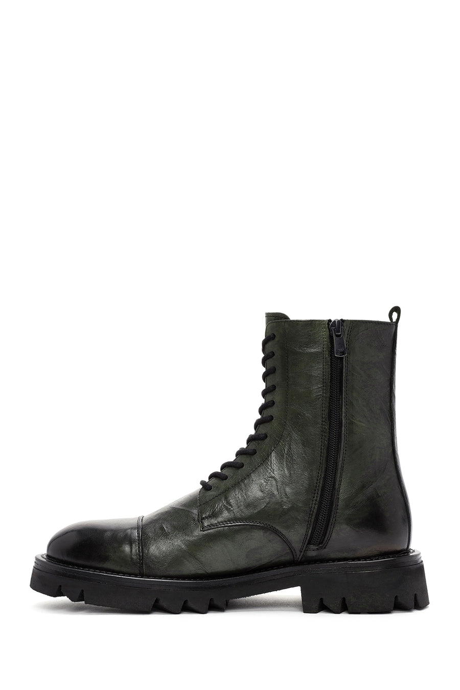 Men's Green Zippered Leather Casual Combat Boots