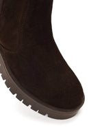 Woman Brown Double Zip Closure Suede Boots | Derimod