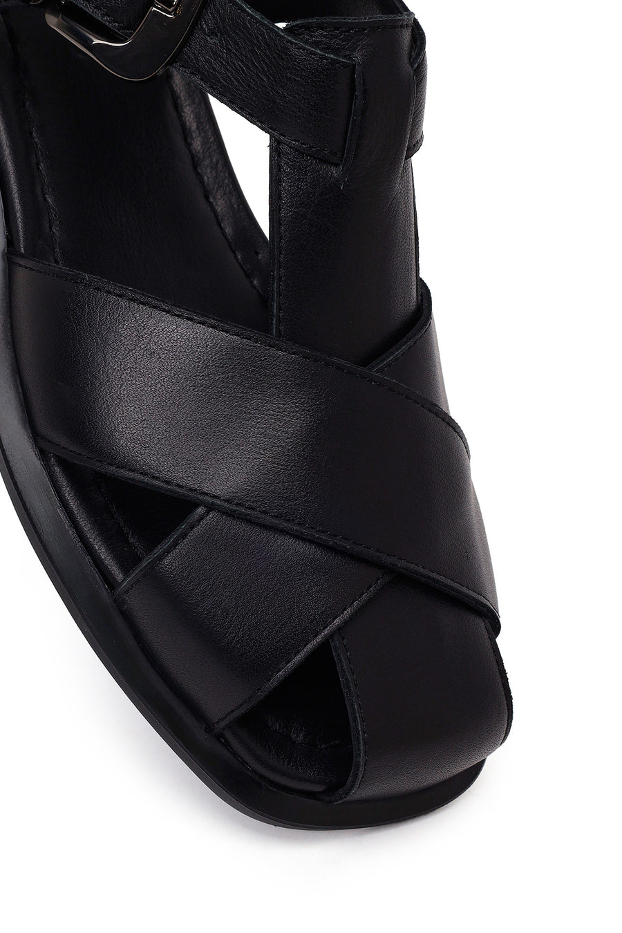 Woman Black Ankle-Buckle Leather Sandals