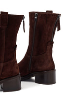 Woman Brown Zip Closure Chunky-Heeled Suede Leather Boots | Derimod