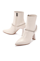 Women's Beige Leather Zippered Chain Heeled Classic Boots | Derimod