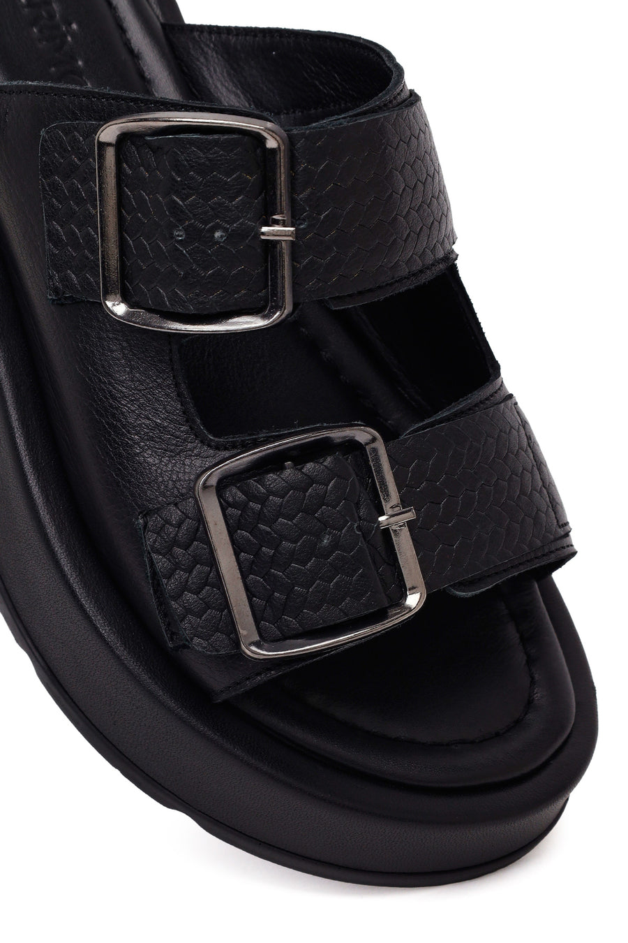 Woman Black Double-Buckle Thick-Soled Leather Comfort Slippers