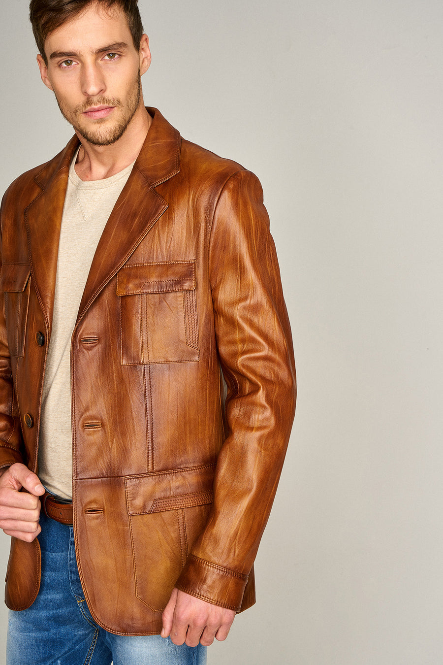 Kevin Men's Camel Blazer Leather Jacket